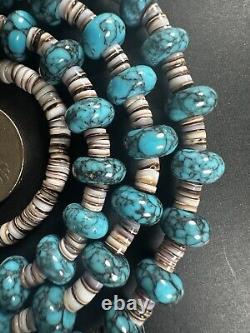 Beautiful Vintage Navajo Blue Spiderweb Turquoise Heishi Necklace 32 51g #268