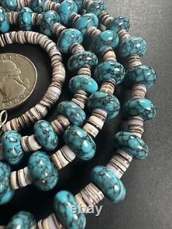 Beautiful Vintage Navajo Blue Spiderweb Turquoise Heishi Necklace 32 51g #268