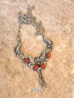 Beautiful Vintage Red Coral & Sterling Silver 16 Necklace Native American