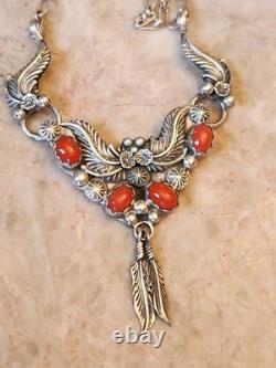 Beautiful Vintage Red Coral & Sterling Silver 16 Necklace Native American