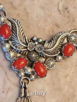 Beautiful Vintage Red Coral & Sterling Silver 16 Necklace Native American