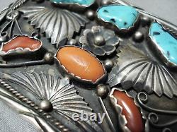 Ben Blackgoat Vintage Navajo Morenci Turquoise Coral Sterling Silver Buckle