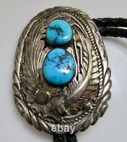 Big Signed Jn Double Turquoise Sterling Silver Bolo Tie Vintage Native Navajo