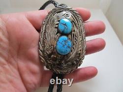 Big Signed Jn Double Turquoise Sterling Silver Bolo Tie Vintage Native Navajo