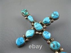 Big Vintage Navajo Sterling Natural Turquoise Cross Enhancer Pendant 3 Inch