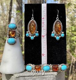 Chaco Canyon Silver Turquoise Amber Earrings Cuff Bracelet Small Ring Set