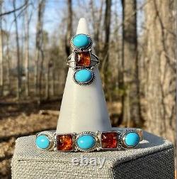 Chaco Canyon Silver Turquoise Amber Earrings Cuff Bracelet Small Ring Set