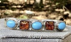 Chaco Canyon Silver Turquoise Amber Earrings Cuff Bracelet Small Ring Set