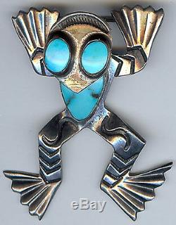 Charming Vintage Navajo Indian Silver Turquoise Dimensional Frog Pin Brooch