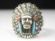 Chief Ring Native American Headdress MOP Turquoise Size 9 Estate Vintage
