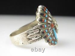 Chief Ring Native American Headdress MOP Turquoise Size 9 Estate Vintage