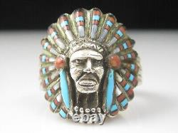 Chief Ring Native American Headdress MOP Turquoise Size 9 Estate Vintage
