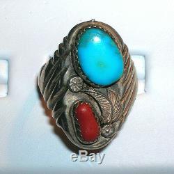 Chunky Vintage Old Navajo Zuni Indian Pawn Sterling Turquoise Coral Ring 11.5