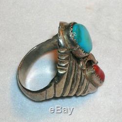 Chunky Vintage Old Navajo Zuni Indian Pawn Sterling Turquoise Coral Ring 11.5