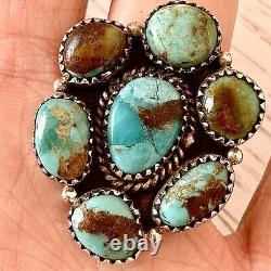 Cluster Kingman Turquoise Ring Sz 7.5 Sterling Old Style Patina Southwest Hada