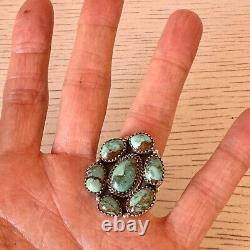 Cluster Kingman Turquoise Ring Sz 7 Sterling Old Style Patina Southwest Hada