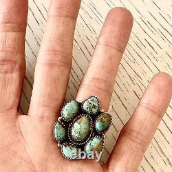 Cluster Kingman Turquoise Ring Sz 8 Sterling Old Style Patina Southwest Hada