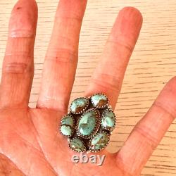 Cluster Kingman Turquoise Ring Sz 8 Sterling Old Style Patina Southwest Hada