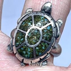 Crushed Chip Inlay Turquoise Turtle Ring Sz 6.5 Navajo VTG 1960s Sterling Silver