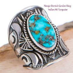 DERRICK GORDON Native American Turquoise Ring Spiderweb Sterling Silver 7.5