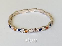 Dainty Vintage Navajo Sterling Silver Fire Opal Lapis Spiny Oyster Link Bracelet