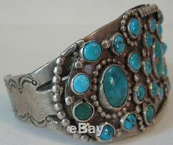 Deluxe Vintage Navajo Indian Silver & Multi Blue Gem Turquoise Cuff Bracelet
