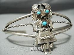 Detailed Vintage Navajo Kachina Turquoise Sterling Silver Bracelet Old Jewelry