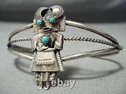 Detailed Vintage Navajo Kachina Turquoise Sterling Silver Bracelet Old Jewelry