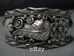 Detailed! Vintage Navajo Sterling Silver Leaf Garden Bracelet Old Cuff