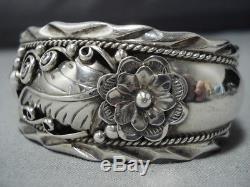 Detailed! Vintage Navajo Sterling Silver Leaf Garden Bracelet Old Cuff