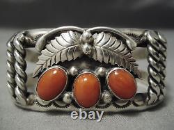 Domed Coral Vintage Navajo Sterling Silver Native American Leaf Bracelet Old