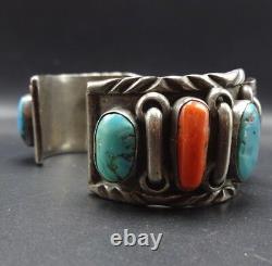 EXQUISITE Vintage ZUNI Heavy Sterling Silver CORAL TURQUOISE Cuff WATCH BAND