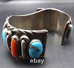 EXQUISITE Vintage ZUNI Heavy Sterling Silver CORAL TURQUOISE Cuff WATCH BAND