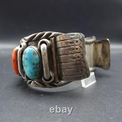 EXQUISITE Vintage ZUNI Heavy Sterling Silver CORAL TURQUOISE Cuff WATCH BAND