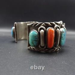 EXQUISITE Vintage ZUNI Heavy Sterling Silver CORAL TURQUOISE Cuff WATCH BAND