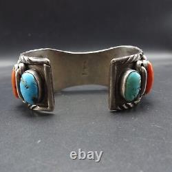 EXQUISITE Vintage ZUNI Heavy Sterling Silver CORAL TURQUOISE Cuff WATCH BAND