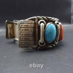 EXQUISITE Vintage ZUNI Heavy Sterling Silver CORAL TURQUOISE Cuff WATCH BAND