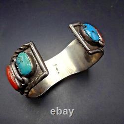 EXQUISITE Vintage ZUNI Heavy Sterling Silver CORAL TURQUOISE Cuff WATCH BAND