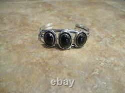 EXTRA FINE Vintage Navajo Sterling Silver Signed BLACK ONYX Row Bracelet