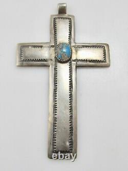 Early Coin Silver Turquoise Cross Pendant Ingot Handmade Native American Navajo