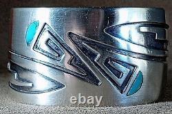 Early Vintage Hopi Native American Sterling Silver Turquoise Wide Cuff Bracelet