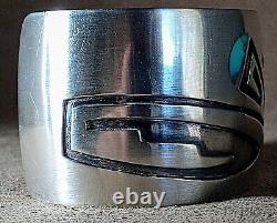 Early Vintage Hopi Native American Sterling Silver Turquoise Wide Cuff Bracelet