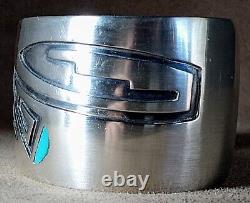 Early Vintage Hopi Native American Sterling Silver Turquoise Wide Cuff Bracelet