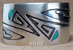 Early Vintage Hopi Native American Sterling Silver Turquoise Wide Cuff Bracelet