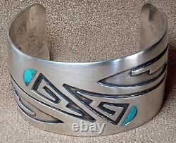 Early Vintage Hopi Native American Sterling Silver Turquoise Wide Cuff Bracelet