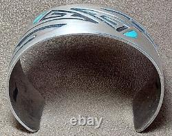 Early Vintage Hopi Native American Sterling Silver Turquoise Wide Cuff Bracelet