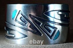 Early Vintage Hopi Native American Sterling Silver Turquoise Wide Cuff Bracelet