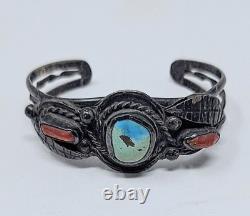 Early Vintage Navajo Turquoise, And Coral Bracelet Unsigned