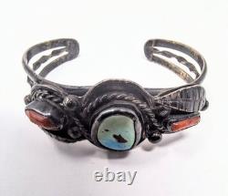 Early Vintage Navajo Turquoise, And Coral Bracelet Unsigned