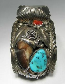 Estate M Thomas Jr Navajo Huge Heavy Turquoise Coral Cuff Bracelet Watch C1616